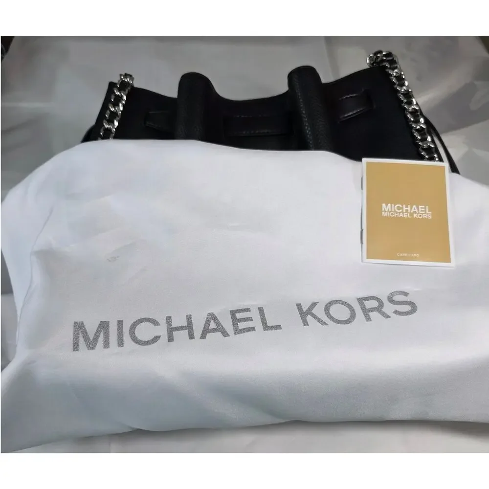 NEW Michael Kors MK Black Mina Large Chain Belted Vegan Leather Shoulder Bag